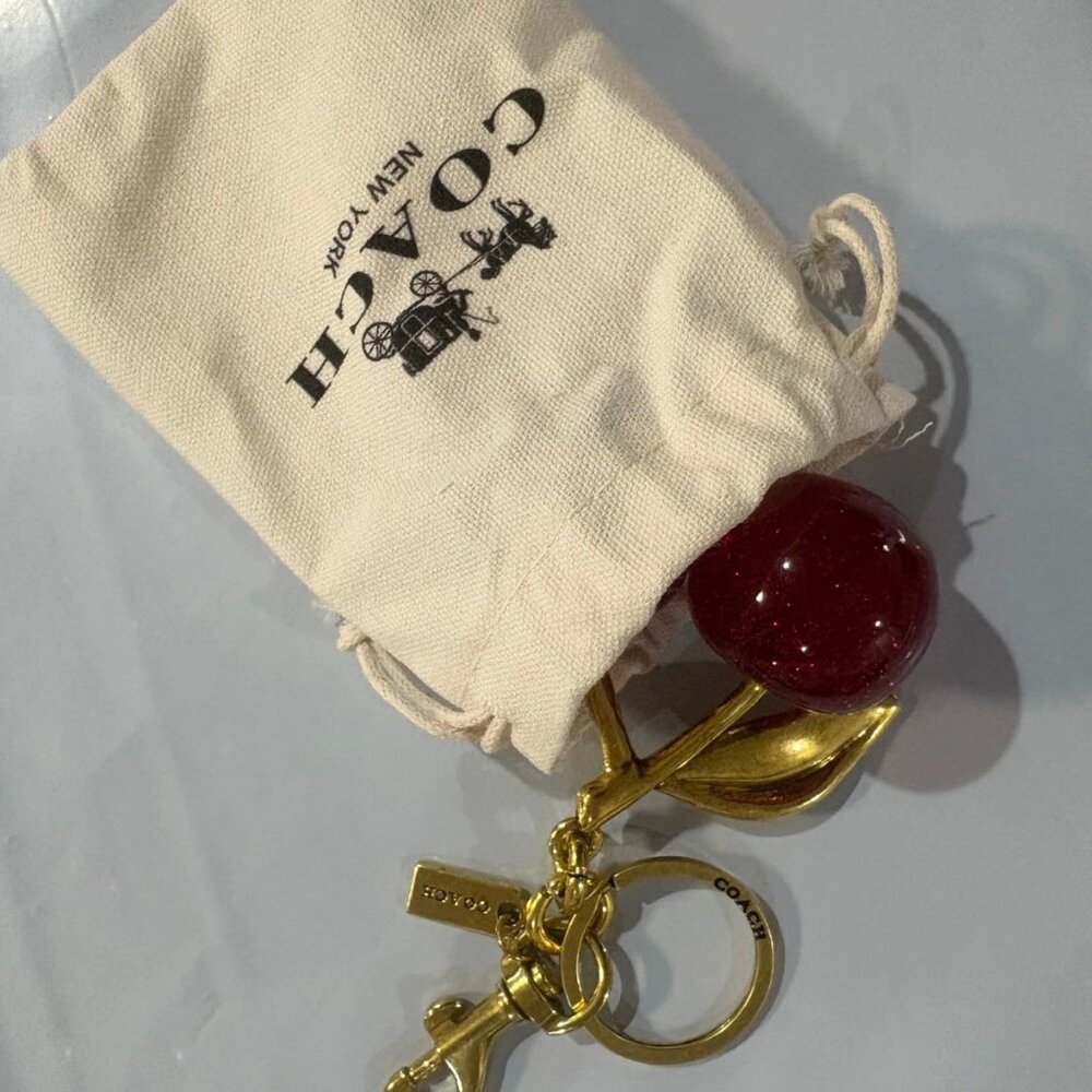 Valentines Day Coach Red Cherry Bag Charm Keychain Resin Metal Brass NWOT - Picture 5 of 6